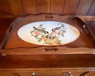 Vintage Otagiri Japan Wood Serving Tray with Chickadees and Blossoms