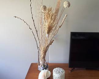 Dried Floral Arrangement with Pussy Willow, Grasses, and Seed Pods in Glass Vase with Trinket Box and Conch Shell