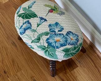 Vintage Needlepoint Footstool with Hummingbird and Morning Glories