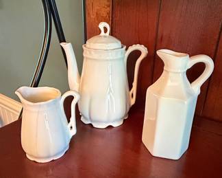 Vintage White Ironstone Coffee Pot, Creamer, and Pitcher Set