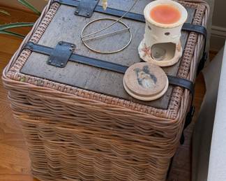 Vintage Wicker Storage Trunk with Wood Top