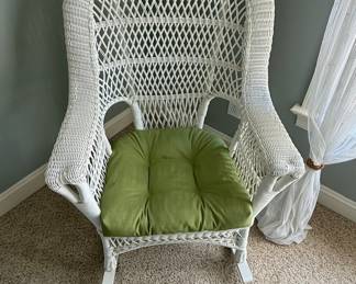 White Resin Wicker Rocking Chair with Sage Green Cushion
