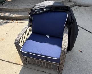 Wicker Patio Armchair with Navy Cushions