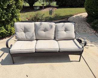 Black Metal Frame Dark Brown Rattan Wicker Outdoor Patio 3 Seat Sofa Couch with Beige Cushions