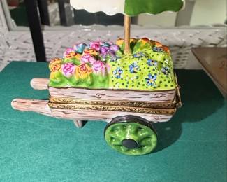 Rochard Limoges Flower Cart Trinket Box with Pink Umbrella