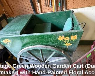 Vintage Green Wooden Garden Cart Duane Slaymaker with HandPainted Floral Accents