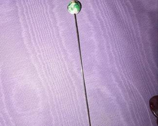 Vintage Green and White Mottled Glass Hat Pin