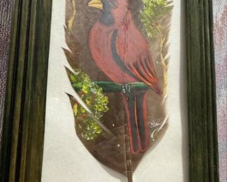 Vintage HandPainted Feather Art Northern Cardinal by Zalam second image