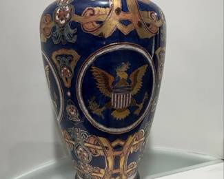 Vintage Cobalt Blue Porcelain Vase with American Eagle Motif Made in China