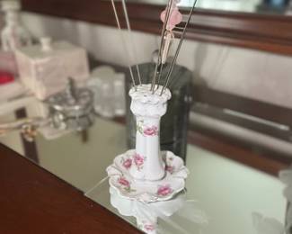 Vintage RS Prussia Porcelain Hatpin Holder with Assorted Hat Pins third image