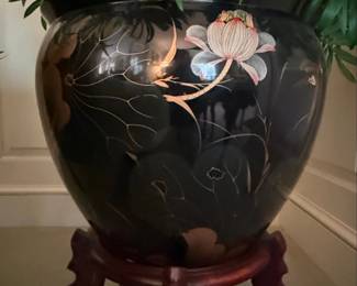 Vintage Chinese Porcelain Fishbowl Planter with Wooden Stand third image