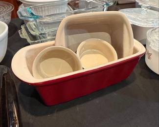 Vintage Red Ceramic Loaf Pan, Mini Loaf Pan and Cream Ramekins
