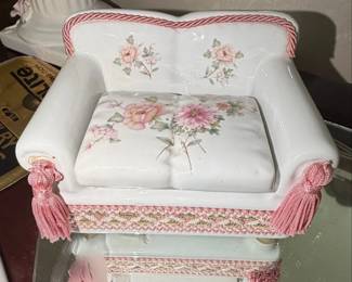Vintage Ceramic Sofa Trinket Box with Tassels and Floral Decals