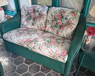 Vintage Henry Link Wicker Loveseat and Armchair Set With Glass Top Table