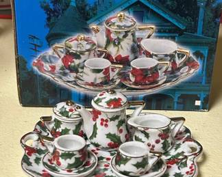 Vintage Miniature Porcelain Holly Christmas Tea Set by Formalities by Baum Bros