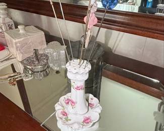 Vintage RS Prussia Porcelain Hatpin Holder with Assorted Hat Pins