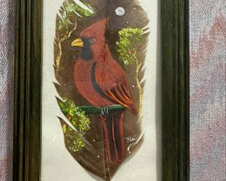 Vintage HandPainted Feather Art Northern Cardinal by Zalam