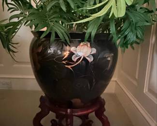 Vintage Chinese Porcelain Fishbowl Planter with Wooden Stand second image