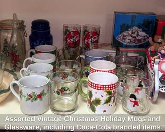 Assorted Vintage Christmas Holiday Mugs and Glassware, including CocaCola branded items