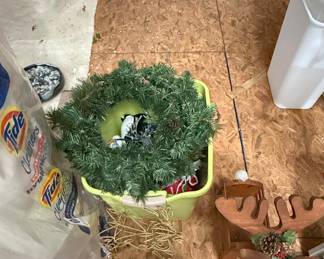 Assorted Holiday Decor Lot with Wreath and Wooden Reindeer