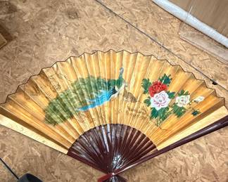 Large Vintage Hand Painted Chinese Peacock and Peony Folding Fan