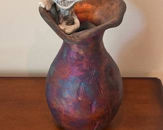 Raku Pottery Cat Vase