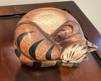 Hand-Carved Wooden Sleeping Tabby Cat Figurine - Possibly Thailand