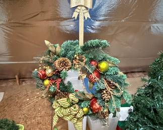 Artificial Christmas Wreath with Pinecones, Ornaments, and Striped Bow