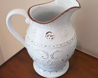 White Ceramic Pitcher Relief Scroll and Bead Design