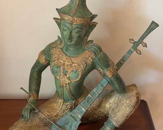 Thai Bronze Kinnari Musician Statue with Phin