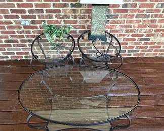 Pier 1 Wrought Iron and Glass Oval Coffee Table and Two Circular Side Tables