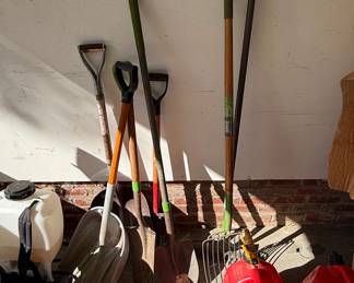 Assorted Garden Tool Collection with Gas Cans