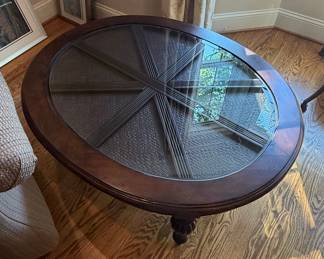 Traditional Round Coffee Table with Glass Top and Woven Inlay