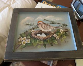 Signed Wood Hand painted bird on nest