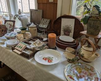 Assorted serving dishes and home decor