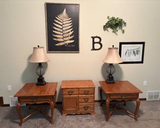 Solid Wood End Tables with Matching Side Cabinet. Lamps and Wall Decor