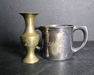 139 silverdoublehandlecupandbrassetche