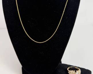 14K Gold Necklace CZ Statement Ring