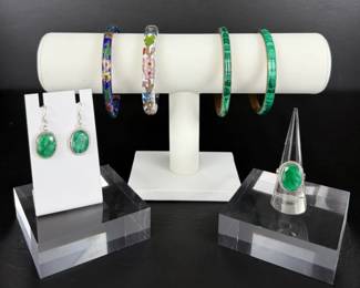 Vintage Cloisonne Malachite Jewelry Collection with Sterling Silver Ring Earrings 13.75g