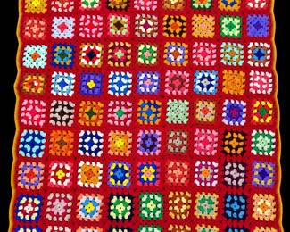 Vintage Red Granny Square Crochet Afghan