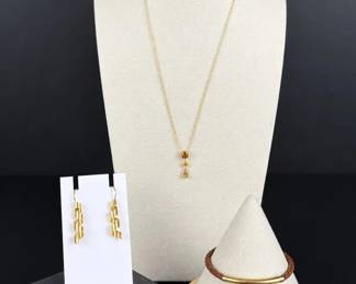 14K Gold Citrine Necklace, Spiral Earrings Italian Leather Bracelet5.88g