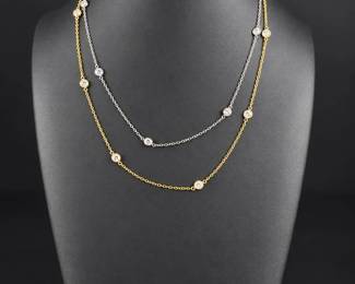 14K Yellow White Gold BezelSet CZ Station Necklaces 5.24g