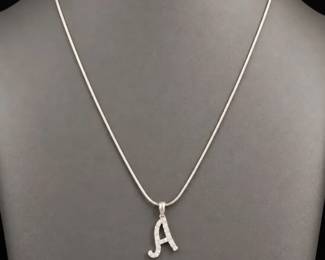 14K White Gold Snake Chain Necklace with 10K Diamond Initial A Pendant, Weighs 4.22g