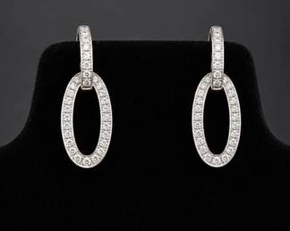 14K White Gold Diamond Double Oval Drop Earrings - 2.82g