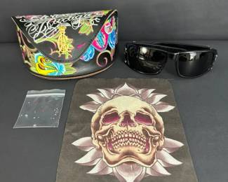 Christian Audigier Black Rhinestone Skull Floral Sunglasses with Embroidered Case