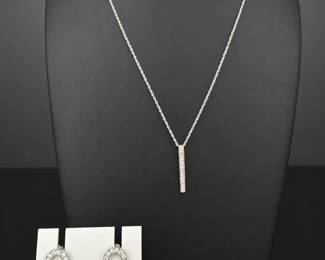 14K White Gold Bar Pendant Necklace Circular Stud Earrings 3.49g