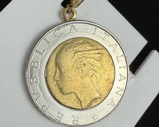 14K Gold Coin Enhancer Pendant with Italian 500 Lire Bimetallic Coin