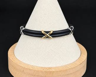 14K Gold Sterling Silver X Accent Black Cord Bracelet