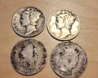 U.S. 90 Silver Dimes  1912  1913 Barber and 1943 Mercury  4 Coins