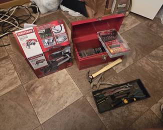 Craftsman 120V Inflator, Metal Tool Box  Hand Tool Lot